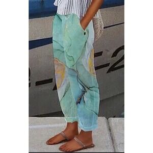 NWT NORACORA Pull-On Casual Pants Women Sz M Globe Pattern Beach Boho